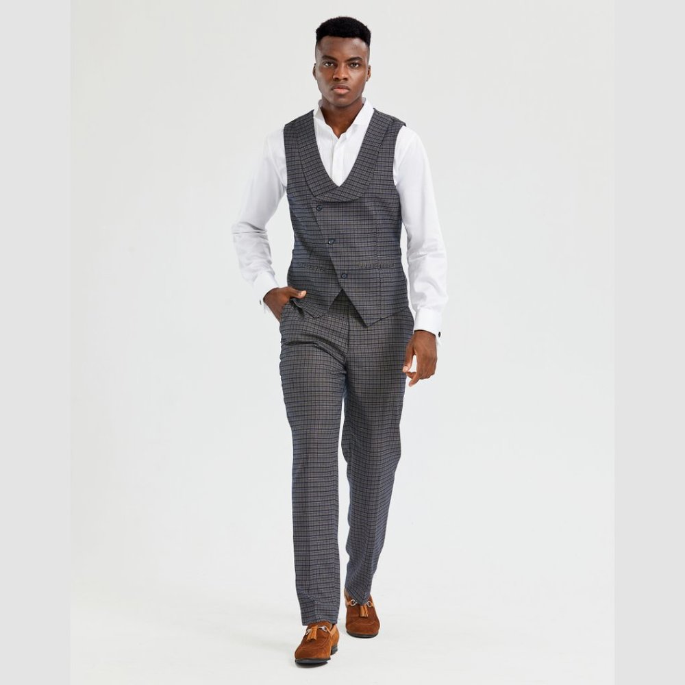 Bespoke Tazio Men's Vest 2pc Set, Tattersall Navy - Picture 4 of 8